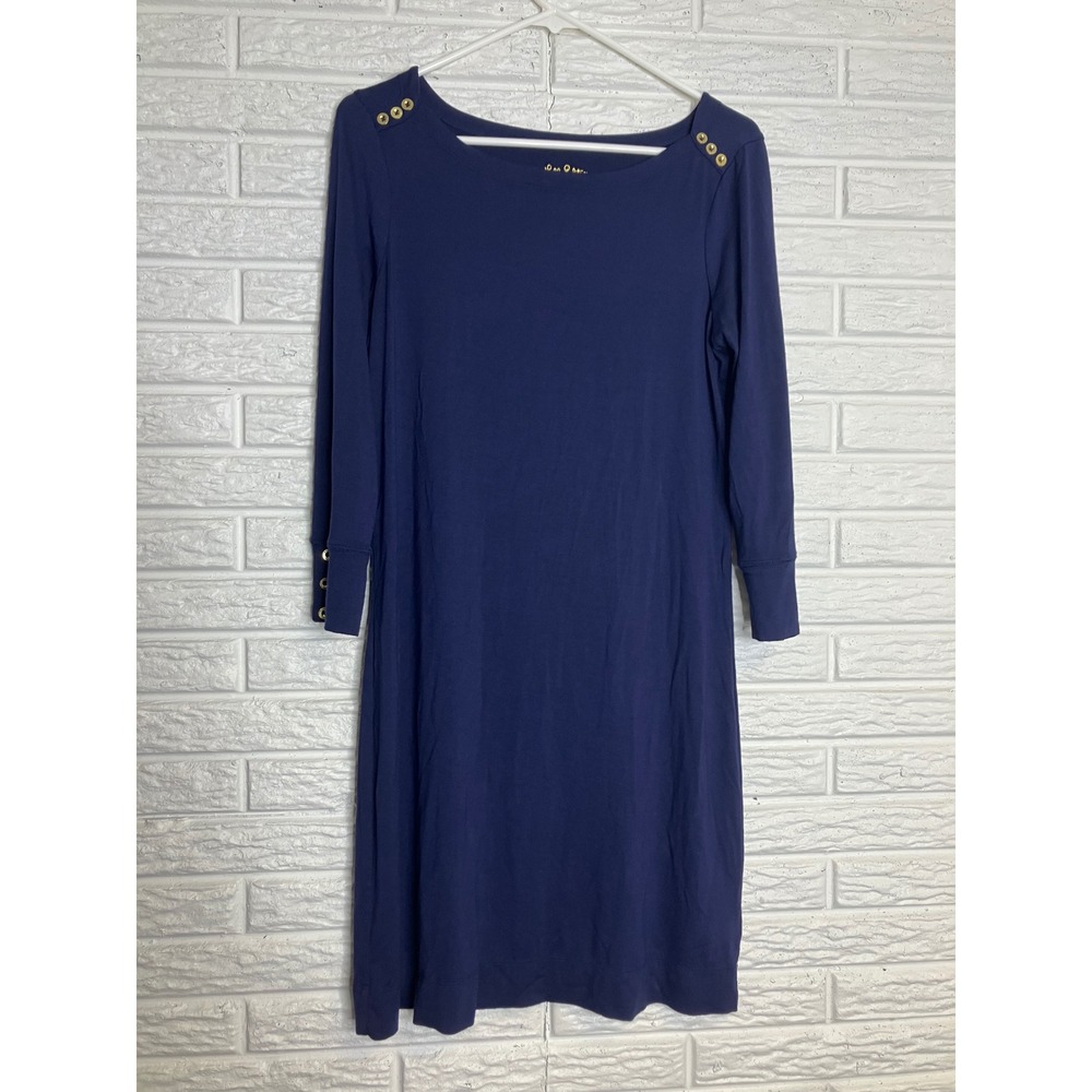 Lilly‎ Pulitzer Marlowe Dress Womens Medium Navy Blue Excellent Gold Button Knit